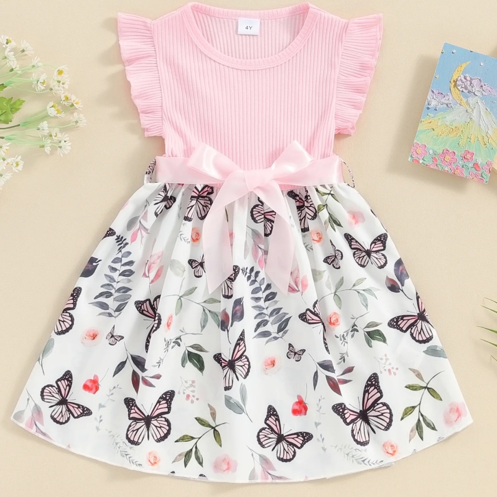 Girls Fly Sleeve Ribbed Butterfly dress - Picture 2 of 8